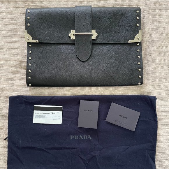 Prada Saffiano Black Leather Oversized Cluch 2VF008 - Picture 1 of 15